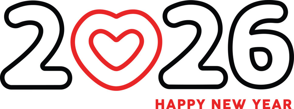 Celebrate a loving 2026 with a heart-shaped design, wishing everyone a Happy New Year filled with love and joy, marking a fresh start and festive cheer
