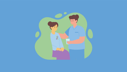 Healthcare worker supports patient with illness awareness ribbon and water