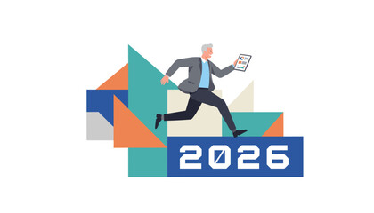 Businessman running toward 2026 focused on progress and future business success with data