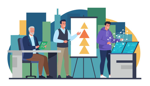 Diverse team collaborates on strategy presenting data and utilizing innovative technology