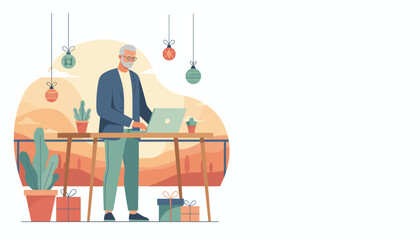 Mature man using a laptop outdoors balancing work and holidays with gifts and plants