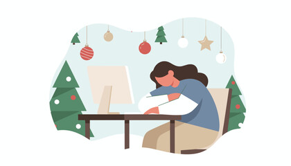 Tired employee sleeping at desk during Christmas Holiday burnout seasonal depression overwork