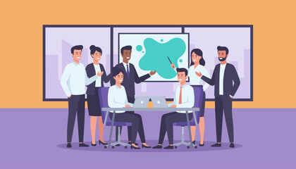 Diverse team collaborating on business strategy presentation in a modern office