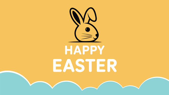 Cute black outline easter bunny face above white happy easter text on yellow background with blue clouds - Powered by Adobe