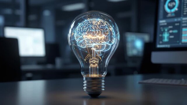 Artificial Intelligence Innovation Concept with Digital Brain Inside Light Bulb for Technology, Research And Creative Industries, Integration of Technology with Business. Video - Powered by Adobe