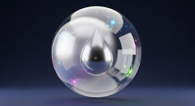Abstract metallic sphere in glass orb with reflections and light effects on dark background