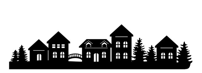 Beautiful town and village silhouette. Winter houses on white background. landscape with trees and houses template vector. Christmas crafts and festive illustration.
