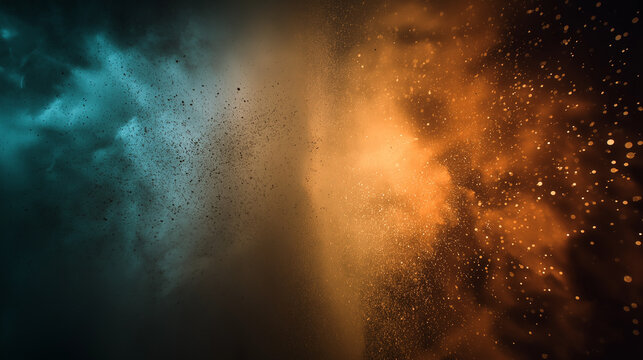Blue and orange dust explosion with small particles for dynamic backgrounds or energetic designs needing contrast and movement in visuals.