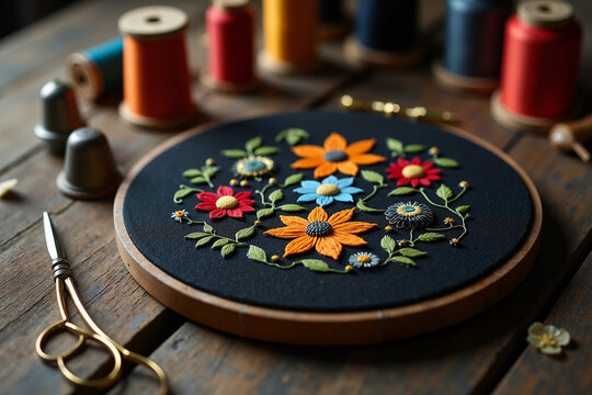 Colorful floral embroidery art on wooden hoop with threads and tools   - Powered by Adobe