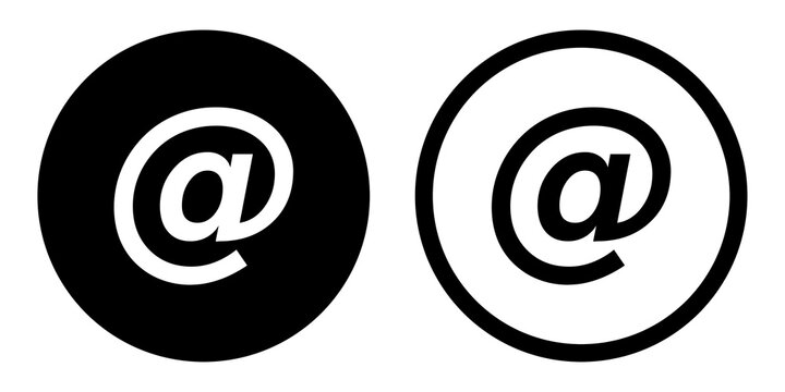 Minimal black and white vector email icon @ symbol inside round and square shapes. 