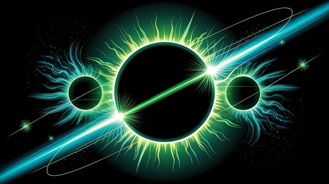 Abstract depiction of three celestial bodies with radiant energy and a beam of light crossing