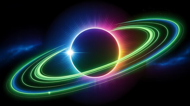 Abstract rendering of a dark planet with rings and colorful light in a space scene with stars