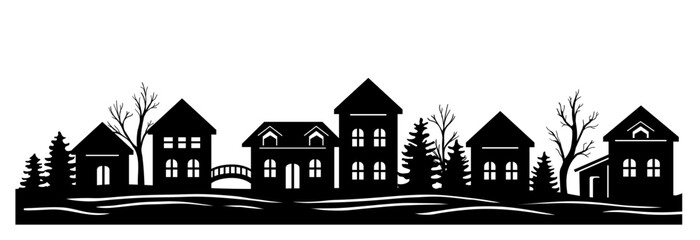 Obraz premium Beautiful town and village silhouette. Winter houses on white background. landscape with trees and houses template vector. Christmas crafts and festive illustration.