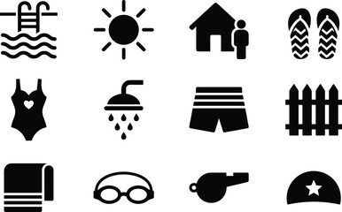 Swimming icon set, poolside symbols, summer activity graphics, aquatic gear visuals, water recreation tools, black design, vacation elements