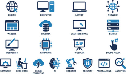 Technology icon set, computing symbols, software graphics, AI visuals, cloud tools, data analytics, blue theme, digital interface elements