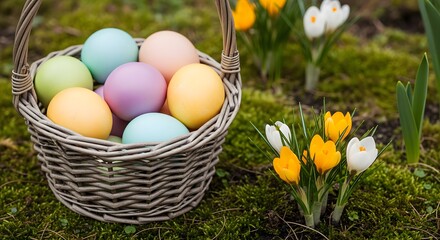 Fototapeta premium Easter greenery arrangement with eggs and spring flowers
