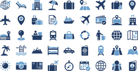 Travel icon set, tourism symbols, vacation graphics, transportation visuals, hotel and luggage icons, blue theme, global journey design