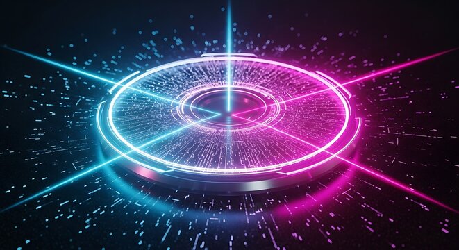 Abstract neon circle with glowing lines and particles for futuristic technology background