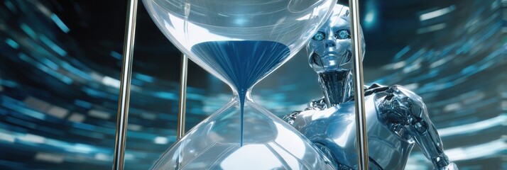 Futuristic robot observing hourglass in sci-fi environment with metallic details