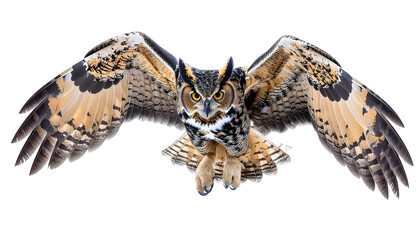 Majestic owl flying with wings spread wide, captured mid-air in sharp detail, showcasing wildlife beauty, freedom, and natural movement in a dramatic outdoor scene.
