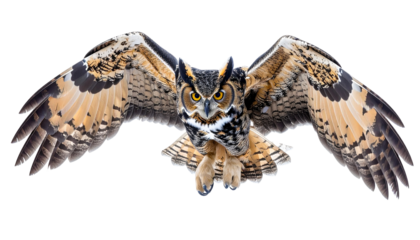 Majestic owl flying with wings spread wide, captured mid-air in sharp detail, showcasing wildlife beauty, freedom, and natural movement in a dramatic outdoor scene.
