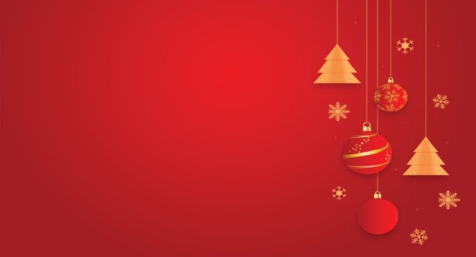 Merry Christmas and Happy New Year, red gradient baubles, and Christmas tree and snowflakes