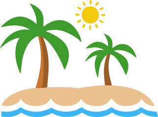 Flat Vector Illustration of Tropical Island with Two Palm Trees, Sun, and Ocean Waves