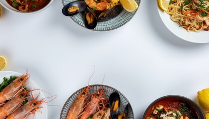 Top view of a delectable seafood feast featuring a variety of dishes like prawns, mussels, and pasta, arranged as a frame on a clean white background
