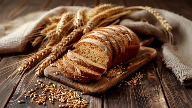 sliced loaf of bread with wheat ears on wooden surface, closeup view.