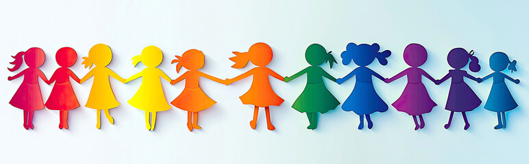AI Generated - Group of paper cutouts of people holding hands on a blue background, creating a vibrant and cheerful atmosphere. Commercial illustration artwork. Illustration. High-resolution.