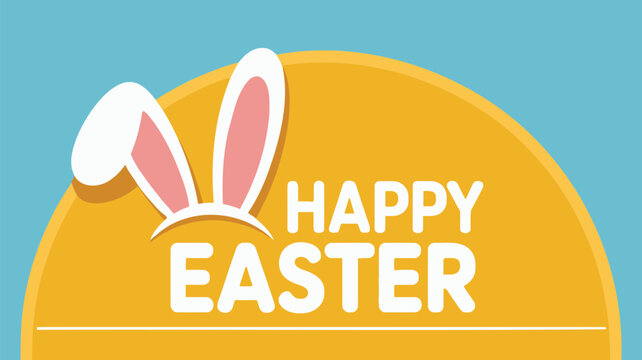 Happy easter greeting with cute bunny ears and festive yellow circle on blue background
