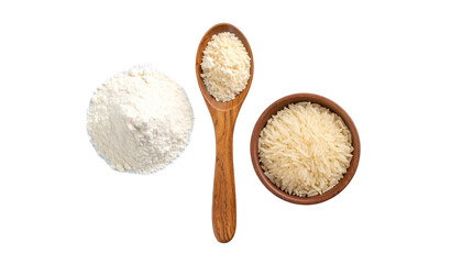 Close-up of rice grains and fine rice flour on a clean surface, highlighting natural ingredients, gluten-free food, and essential staples for cooking and baking.