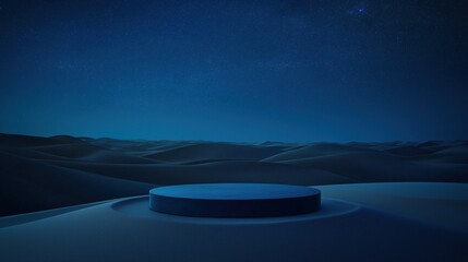 Blue circular podium in center of endless desert at night with stars shining brightly above and sand dunes creating stunning backdrop