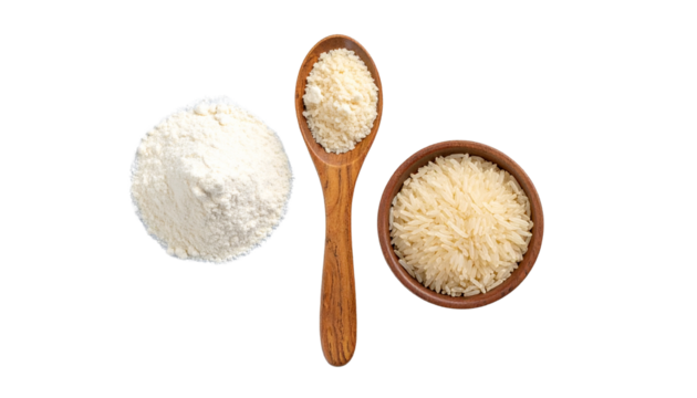 Close-up of rice grains and fine rice flour on a clean surface, highlighting natural ingredients, gluten-free food, and essential staples for cooking and baking.
