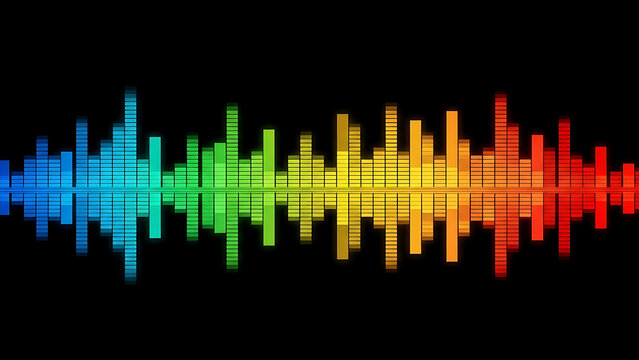 Vibrant rainbow spectrum sound equalizer bars visualizing music volume and frequency display graphic.