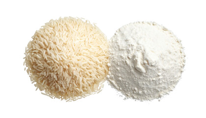 Close-up of rice grains and fine rice flour on a clean surface, highlighting natural ingredients, gluten-free food, and essential staples for cooking and baking.