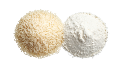 Close-up of rice grains and fine rice flour on a clean surface, highlighting natural ingredients, gluten-free food, and essential staples for cooking and baking.