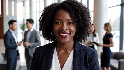Portrait of a confident african american businesswoman smiling in a modern office lobby with colleagues networking in the blurred background - Powered by Adobe
