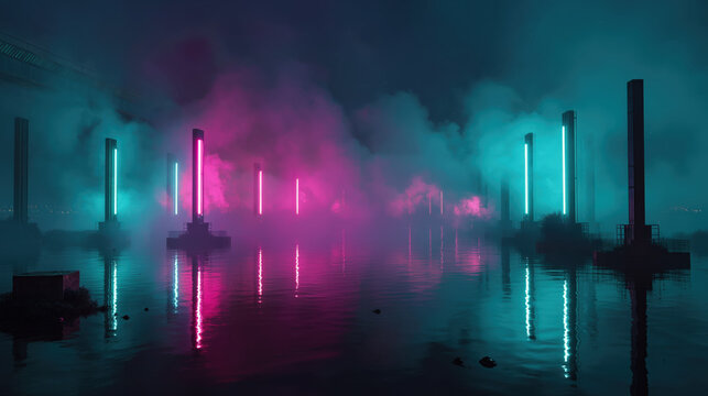 Neon-lit cyberpunk coast with teal & magenta beams over wet shore