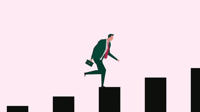 Flat-style animation of a businessman running up rising bar graph steps on a pale pink background, symbolizing career advancement, ambition, and continuous success.