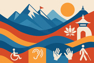 Fototapeta premium Geometric Nepal International Day of Disabled Persons illustration with stylized mountains accessibility symbols and simplified inclusive composition