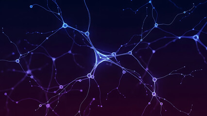 Abstract 3D rendering of glowing neural network connections in deep purple and blue cyberspace background
