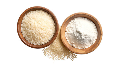 Close-up of rice grains and fine rice flour on a clean surface, highlighting natural ingredients, gluten-free food, and essential staples for cooking and baking.