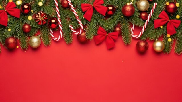 Festive christmas garland with ornaments and candy canes on red background