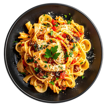 Uruguayan capeletis a la caruso a creamy pasta dish with ham and mushrooms in a rich sauce served on a plate and isolated on white background