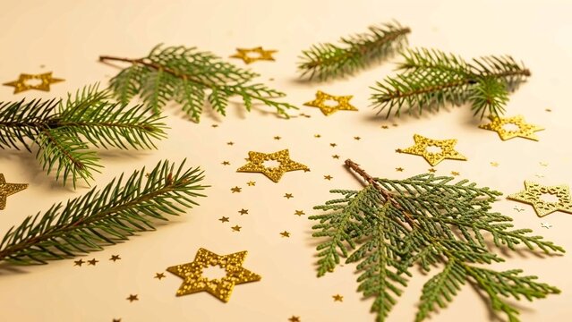 Close up of green fir tree branches scattered with gold glitter star confetti on light surface - Powered by Adobe