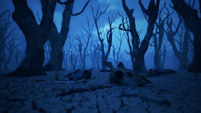 Wide angle time lapse of a desolate red wasteland with dead trees at Night Scene. Global warming and drought concept. 3D animation. 4K.