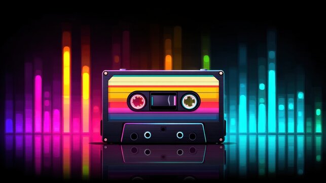 Retro Cassette Tape with Glowing Neon Lights in Dark Background