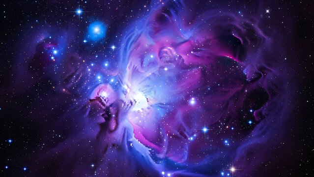 Stunning cosmic nebula explosion of purple and blue cosmic dust and glowing stars in deep outer space.