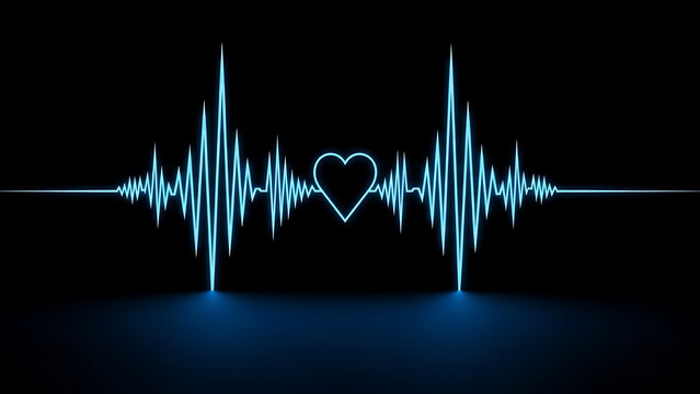 Digital blue neon heart rate monitor displaying pulse signal and EKG waveform on a dark background - Powered by Adobe